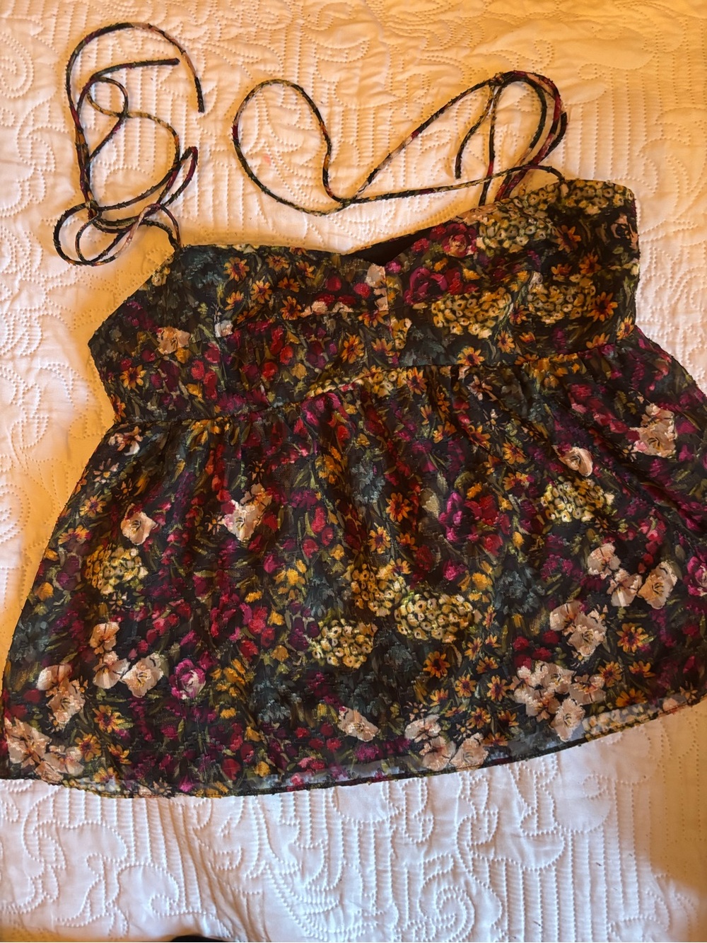 Amanda Uprichard Black Floral Tie-Strap Corset Babydoll Top- M